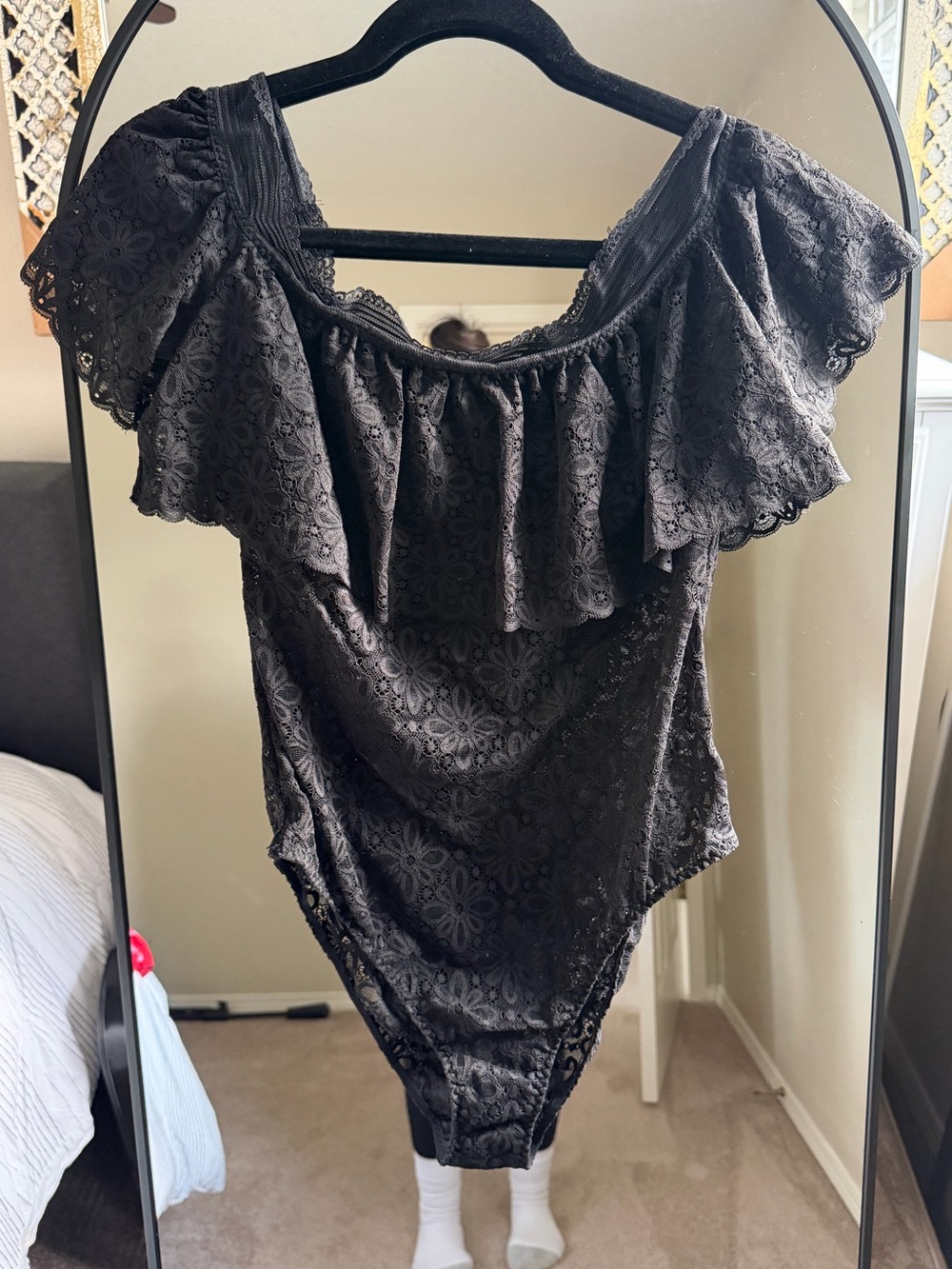 Victoria's Secret Black Lace Off-Shoulder Ruffle Bodysuit